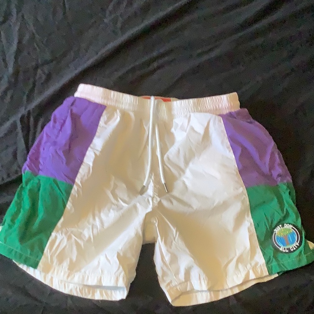 Purple white and green swim shorts